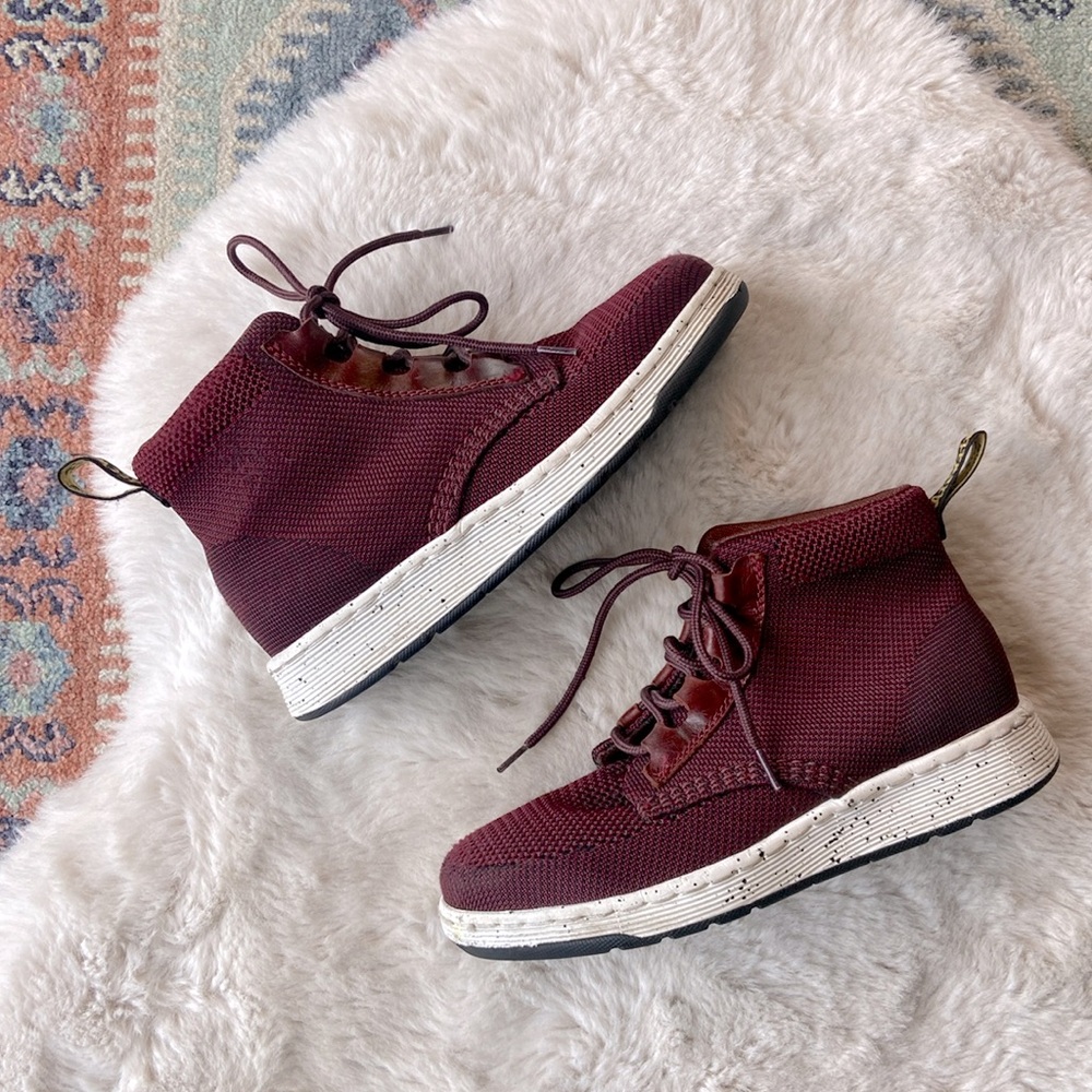 Doc Marten burgundy high top knit sneaker lace up shoe leather youth boys 6